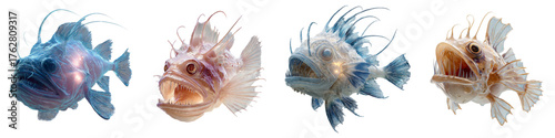 Deep sea anglerfish collection for wildlife documentaries, marine biology illustrations, and underwater ecosystem presentations, showcasing biodiversity and ocean life