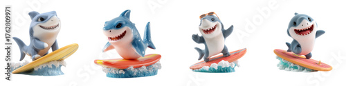 Adorable surfer shark figurines catching waves, perfect for summer fun promotions or quirky party decorations, showcasing beach vibes and playful ocean adventures