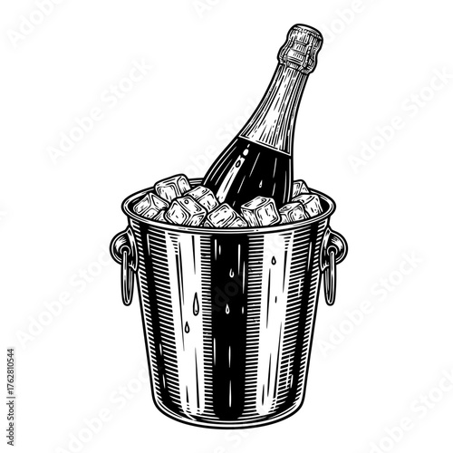 Champagne on ice bucket engraving black and white outline. Scratch board imitation. illustrated in vintage line art style on a white background.