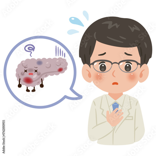 不健康な膵臓のキャラクターと白衣を着た男性医師　上半身イラスト／Unhealthy Pancreas Character with Male Doctor in White Coat　upper body illustration