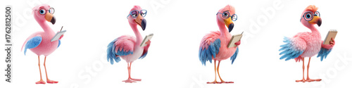 Whimsical pink flamingo with glasses taking notes adds a touch of playful professionalism to any project, perfect for creative marketing or children's designs