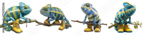 Whimsical chameleon characters wearing tiny hiking boots, ready for adventure and exploration, perfect for children's books, educational materials, or playful branding