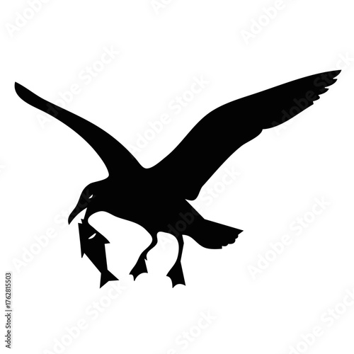 Black Seagull with Fish Silhouette Illustration