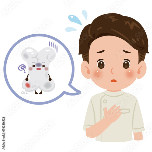 不健康な骨のキャラクターとケーシーを着た男性医師　上半身イラスト／Unhealthy Bone Character with Male Doctor in White Coat　upper body illustration