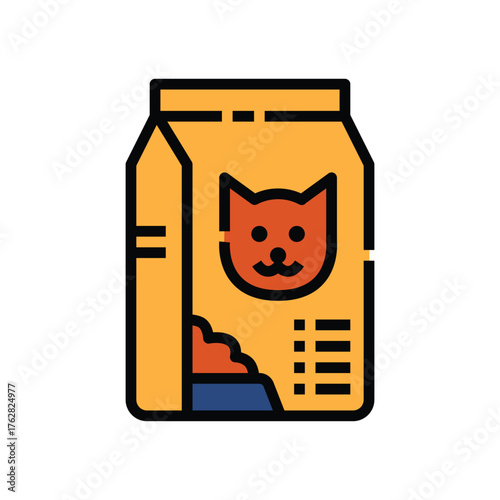 A bag of cat food featuring a cat face and an image of food spilling out