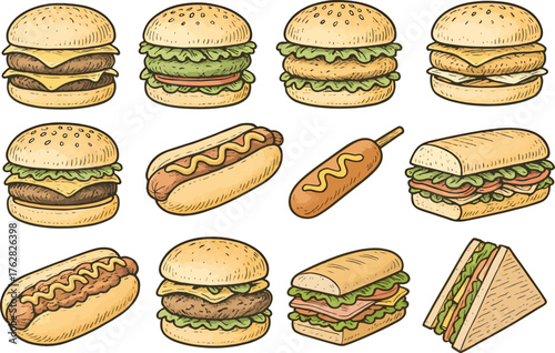Hand drawn vintage style vector illustration set of burgers, hotdogs, sandwiches, and subs in colorful cartoon design