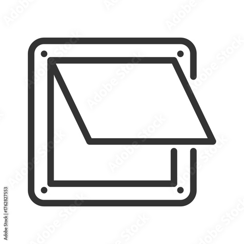 A black and white graphic depicts a rectangular object with a rectangular door open having a hinge on the left and two dotshaped rivets