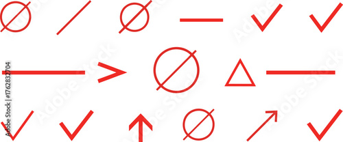 Geometric Abstract Exam Marks Vector – Red Pen Shapes, Arrows, and Grading Symbols Set.