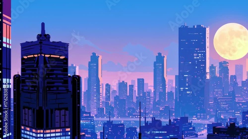 Vibrant Urban Landscape at Dusk City Skyline with Tall Buildings Silhouetted Against Glowing Moon and Colorful Shades of Blue and Purple