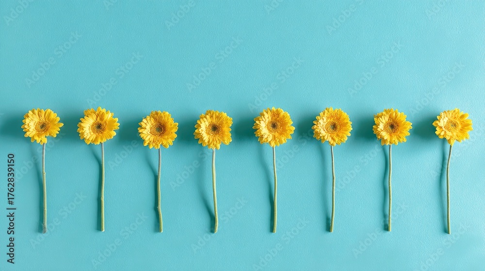 Obraz premium Artistic arrangement of yellow gerbera flowers against a vibrant blue background.