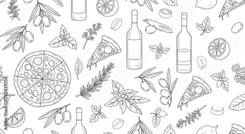 Seamless Mediterranean Food Doodle Pattern – Playful Italian Café Wallpaper.