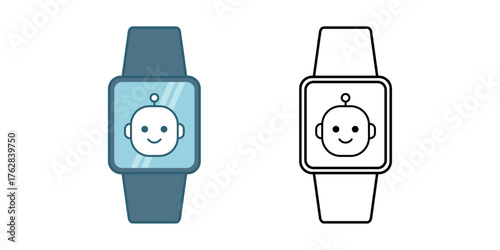 Wearable assistant icon featuring a smartwatch with a small AI face on screen. Perfect for ai companion gadgets, smart wearable design, and digital assistant concepts.