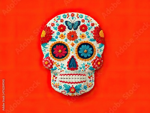 Cute and simple Día de los Muertos sugar skull vector illustration with orange background, colorful symmetrical flat design with floral and butterfly details for logo or t-shirt print