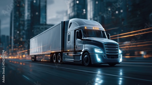Innovation in sustainable logistics with a futuristic electric semi truck speeding through a neon lit city at night.