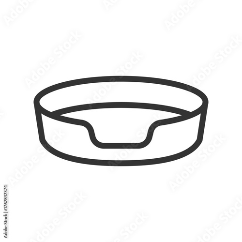 A black outlined round dog bed features a recessed semicircular front