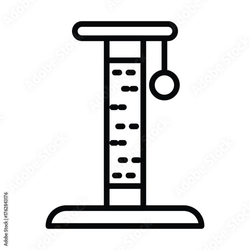 A black line drawing of a cat scratching post The post is vertical with a rectangular top and base A ball hangs from it