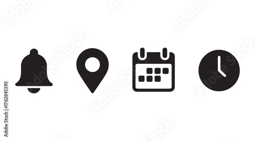 Location, time, calendar and notification bell icons set. Flat simple illustrations of pin, date, clock and bell. Set of icons for web design