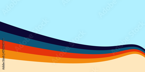 Abstract wavy background design with curved stripes in a retro color palette of blue and orange, creating a 'calm and flowing motion' concept