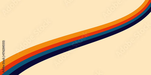 Minimalist retro background featuring a flowing wave of colorful orange and blue stripes, evoking a classic vintage 1970s aesthetic