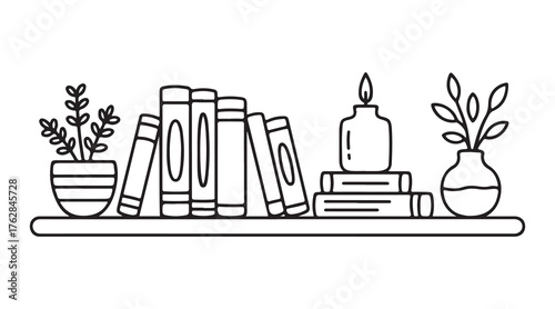 Cozy Bookshelf Decor with Flowers and Candle. Illustrative vector graphic of a detailed wooden bookshelf filled with various books and decorative items