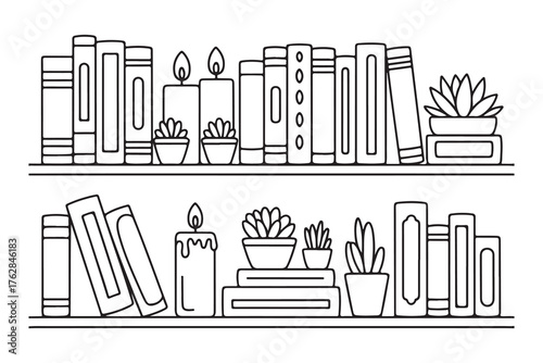 Cozy Bookshelf Decor with Flowers and Candle. A detailed illustration of a wooden bookshelf filled with various books and decorative items
