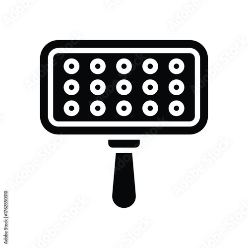 A black simplified icon of a pet grooming slicker brush with a padded head and handle