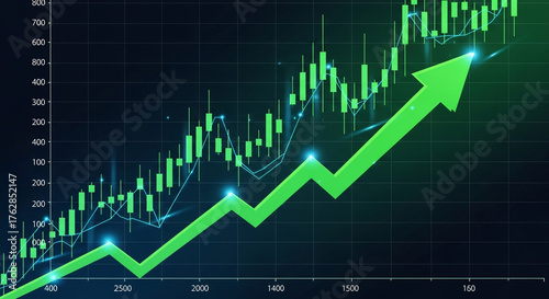 Green arrow pointing upwards on a stock market chart, indicating positive growth and financial success in a dynamic and visually engaging representation of investment