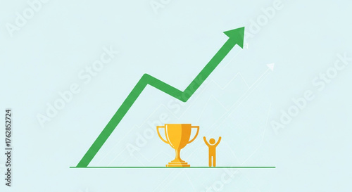 Illustration of business success with an upward trend line, a golden trophy, and a celebrating figure isolated on white background