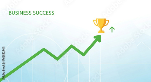 Business success concept isolated on white background with green arrow pointing up towards a golden trophy, symbolizing growth, achievement, and positive financial results
