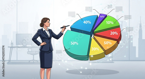 Businesswoman presenting a pie chart with percentages, showcasing data analysis and financial performance in a modern office isolated on white background