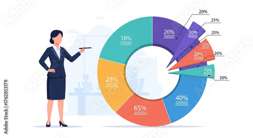 Businesswoman presenting a donut chart with percentages, showcasing data analysis and financial performance in a modern office isolated on white background