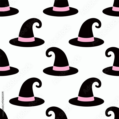 Simple witch hat hand drawn Halloween seamless pattern on white background. Vector wallpaper illustration repeat design for fabric print, sticker, cover, wrapping.