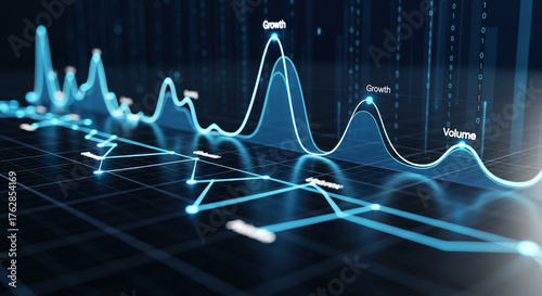 Abstract stock market chart showing growth and volume with a blue line on a dark background, representing financial data analysis and investment trends