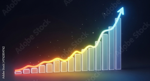 A vibrant and dynamic 3d render of a bar graph showcasing exponential growth, with a glowing arrow pointing upwards, symbolizing success and positive trends in business