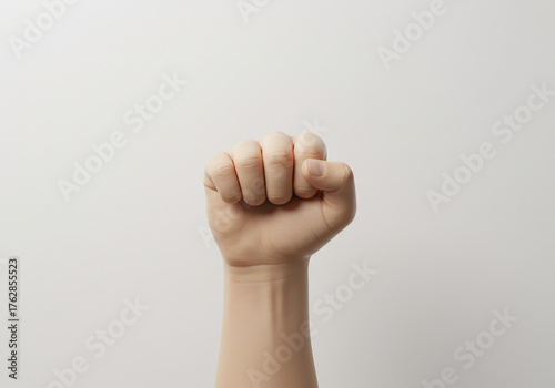 A clenched fist is raised against a plain white background, symbolizing strength, resistance, or solidarity.