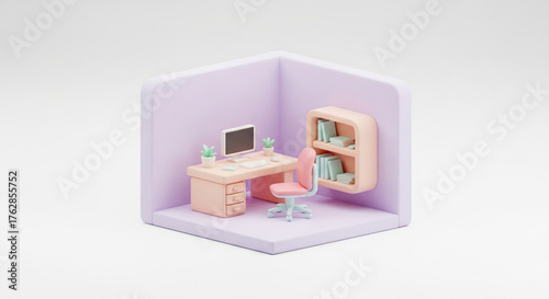 Minimalist 3d rendering of a cozy home office setup isolated on white background, featuring a desk, chair, computer, bookshelf, and pastel color scheme