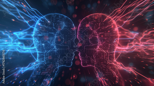 Futuristic digital heads connected by glowing circuits representing AI communication