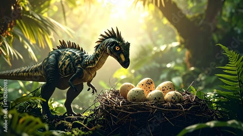Wallpaper Mural The ancient instinct of a dinosaur parent protecting its fragile eggs in a nest within a sunlit prehistoric jungle Torontodigital.ca