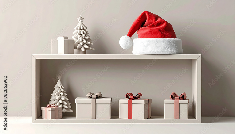 Fototapeta premium Festive Christmas Display with Gifts and Santa Hat on Shelf.