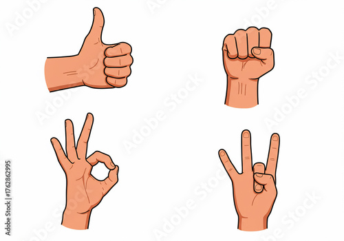 Four different hand gestures are displayed: thumbs up, fist, ok, and rock on.