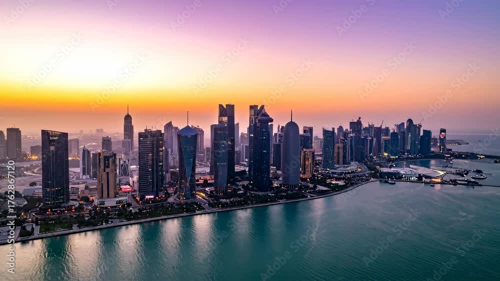 custom made wallpaper toronto digitalSpectacular panoramic cityscape of a modern financial district with glass skyscrapers reflecting the colorful sunrise over the sea
