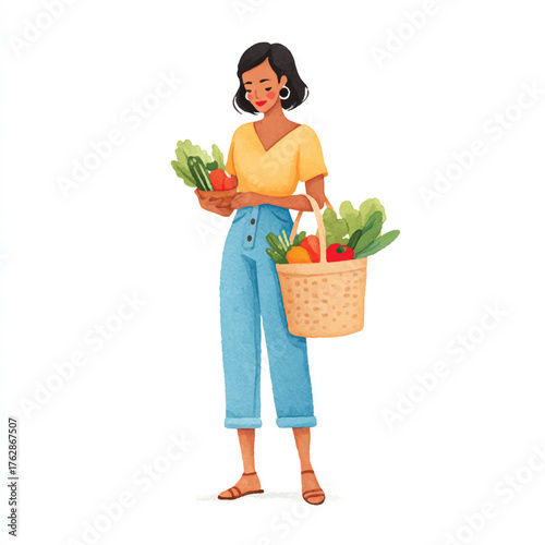 Woman carrying a basket of fresh produce, healthy lifestyle, grocery shopping, vibrant colors, happy expression, outdoor market.