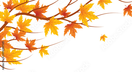 Autumn banner with orange leaves. Colorful autumn set of leaves, mashrooms and acorns. Vector illustration clipart leaves set autumn on white background isolated, vector plie of colorful leaves