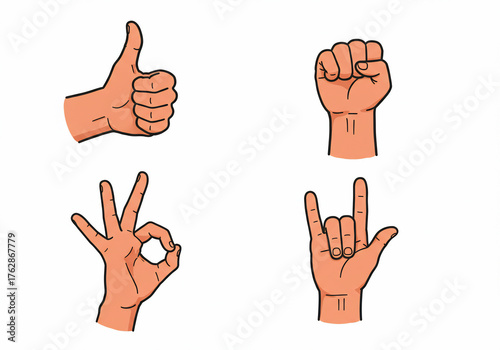 Illustration showing four different hand gestures: thumbs up, clenched fist, OK sign, and rock and roll sign.