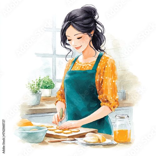 Woman cooking in kitchen wearing apron.