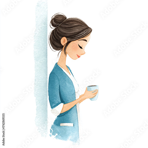 Woman enjoying coffee break against wall in illustration.