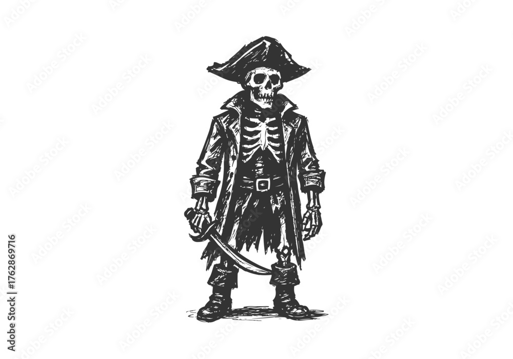 Naklejka premium skeleton pirate hand drawn simple sketch vector illustration