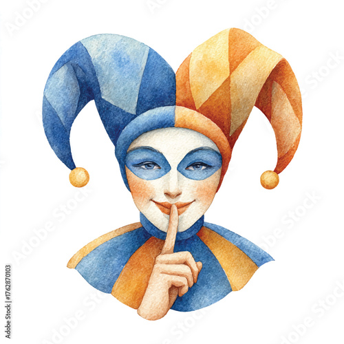 Watercolor Jester with Finger to Lips, Masked Figure in Harlequin Hat.