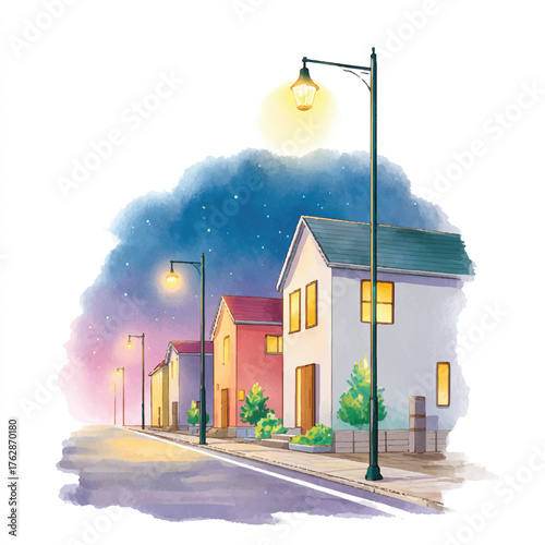 Watercolor painting of a cozy neighborhood street at dusk with glowing streetlights and houses.