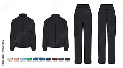Women's Zip Jacket and Cargo Scrub Set Technical Flat Sketch with Color Palette